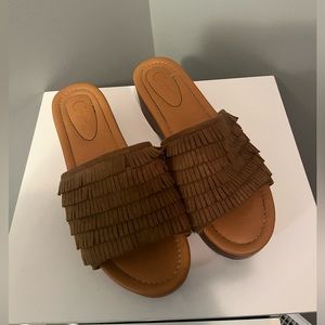 Boho fringed suede slip on sandals